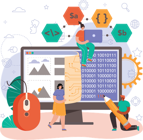 Desarrollador masculino y femenino que crea software usando código binario  Illustration