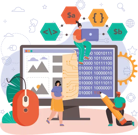 Desarrollador masculino y femenino que crea software usando código binario  Illustration