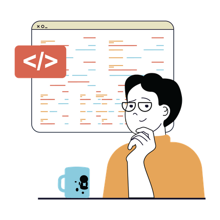 Desarrollador masculino pensando en codificar  Ilustración