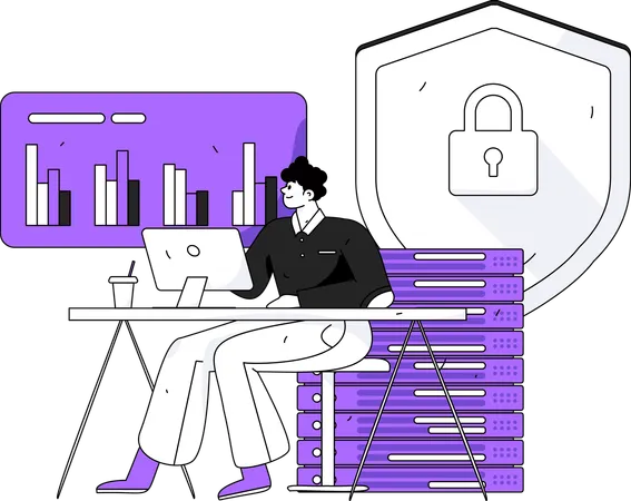 Desarrollador masculino trabajando en seguridad cibernética  Ilustración