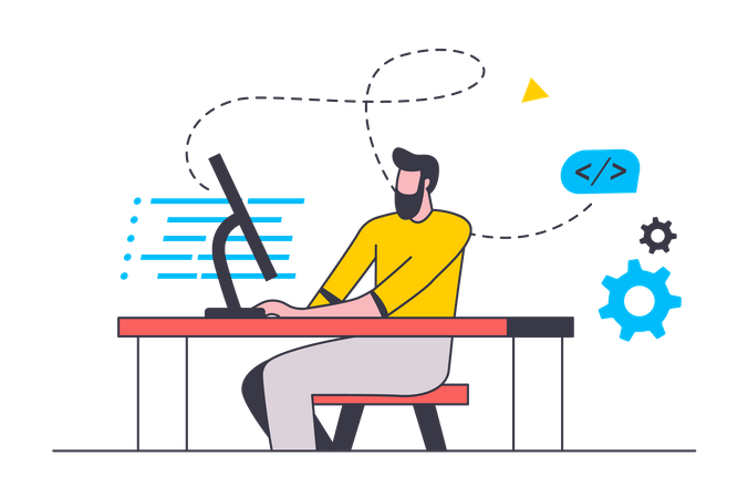 Desarrollador masculino trabajando en computadora  Ilustración