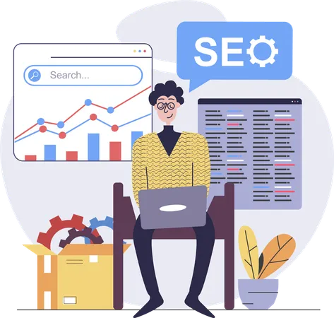 Desarrollador masculino trabajando en SEO  Ilustración