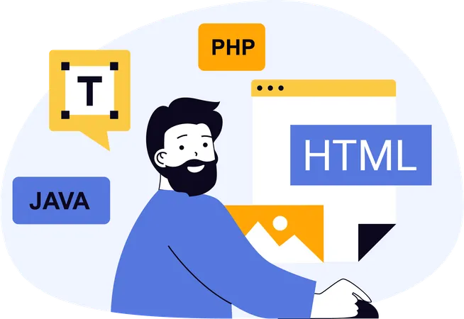 El desarrollador trabaja en diferentes lenguajes de programación.  Ilustración