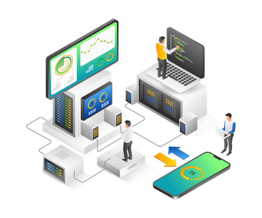 Equipo de desarrolladores que crea aplicaciones para computadoras y teléfonos inteligentes  Ilustración