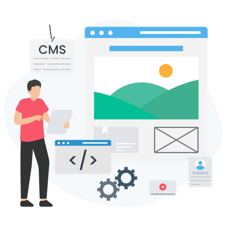 Desarrollador trabajando en gestión de contenidos  Ilustración