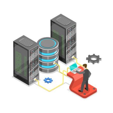 Desarrollador trabajando en el servidor de base de datos  Ilustración