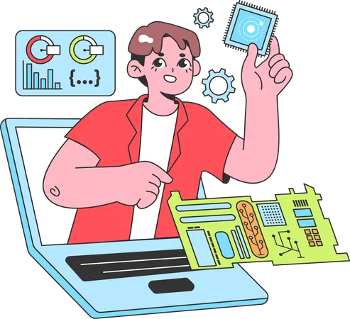 Desarrollador web masculino trabajando en una computadora portátil  Ilustración