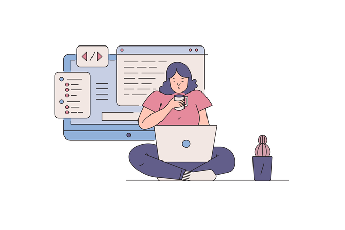 Desarrolladora de sitios web femenina trabajando en código  Ilustración