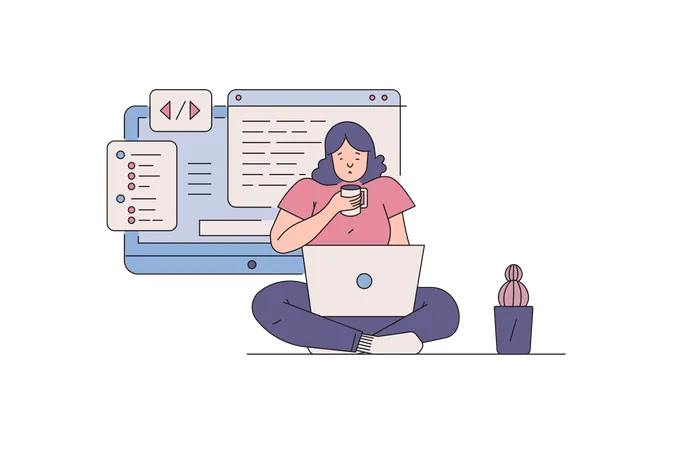 Desarrolladora de sitios web femenina trabajando en código  Ilustración