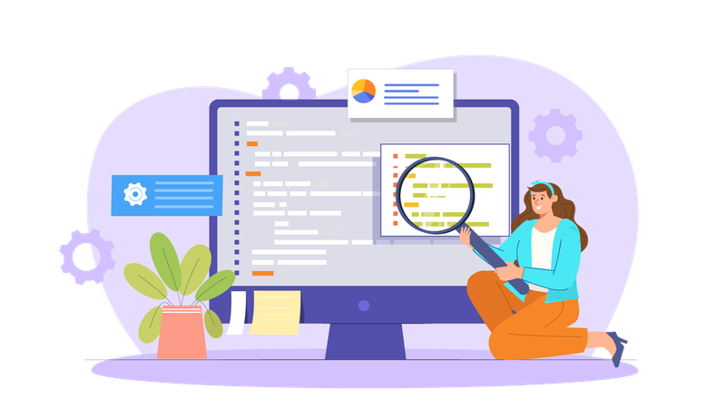 Desarrolladora femenina que busca errores en el código  Ilustración