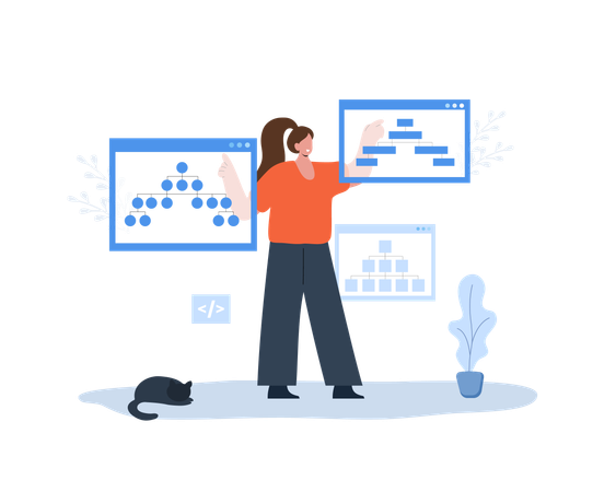 Desarrolladora femenina organiza la estructura del sitio  Ilustración