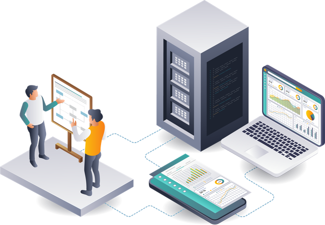 Desarrolladores discutiendo datos analíticos de servidores en la nube  Ilustración