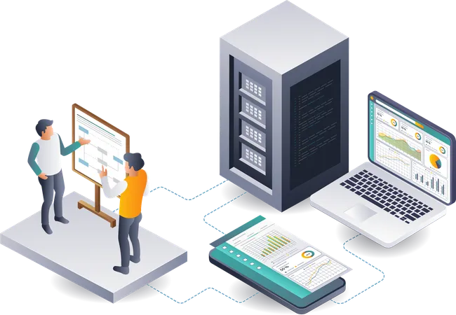 Desarrolladores discutiendo datos analíticos de servidores en la nube  Ilustración