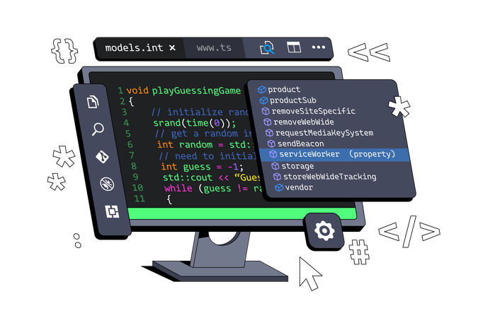 Desarrollar programas de computadora mostrados en computadora Programación y codificación  Ilustración