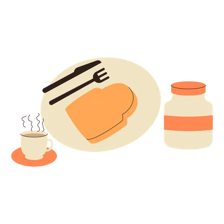 Pan de desayuno con una taza de café caliente.  Ilustración