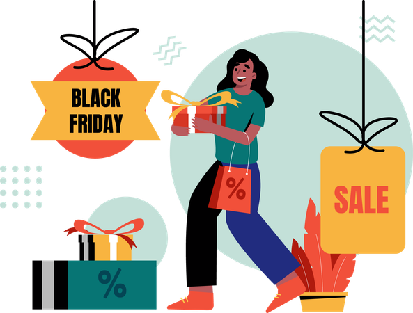 Mulher caçando descontos na Black Friday  Ilustração