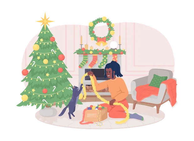 Desempacando adornos navideños con gato  Ilustración