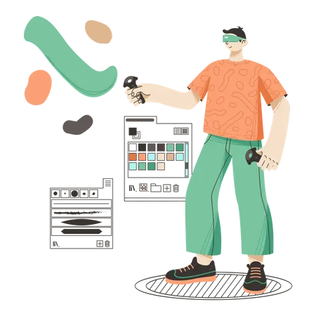 Desenho de homem usando tecnologia de realidade virtual  Ilustração
