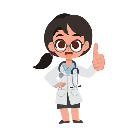 Desenho animado de uma médica fofa dando sinal de positivo para a excelência médica e positividade na assistência médica  Illustration