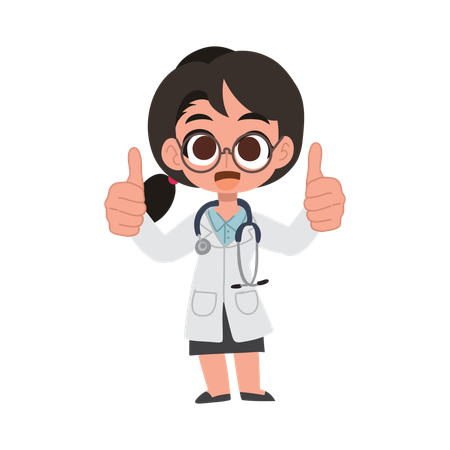 Desenho animado de uma médica fofa dando sinal de positivo para a excelência médica e positividade na assistência médica  Illustration