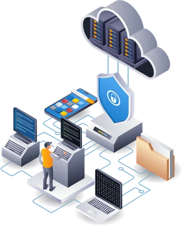 Desenvolvedor de aplicativos com tecnologia de servidor em nuvem de hospedagem de segurança  Illustration