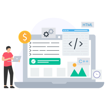 Desenvolvedor de site trabalhando em laptop para desenvolvimento de site  Ilustração