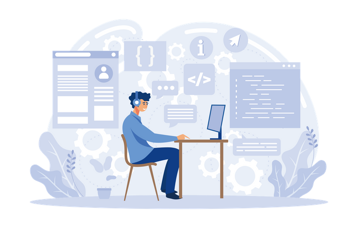 Desenvolvedor de software fazendo codificação no computador  Ilustração