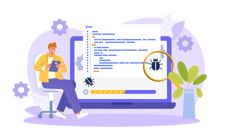 Desenvolvedor masculino testando bugs  Ilustração