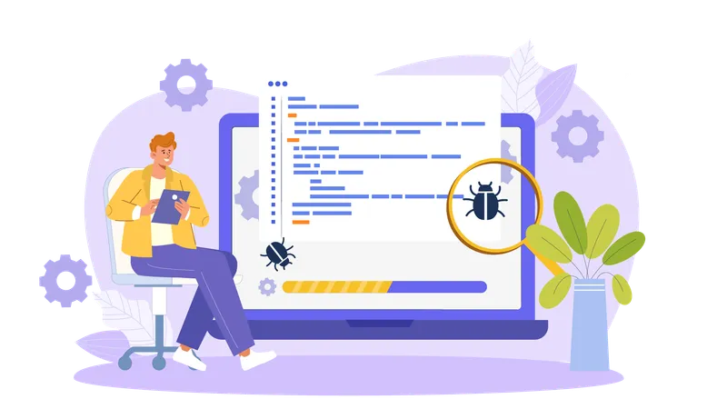 Desenvolvedor masculino testando bugs  Ilustração