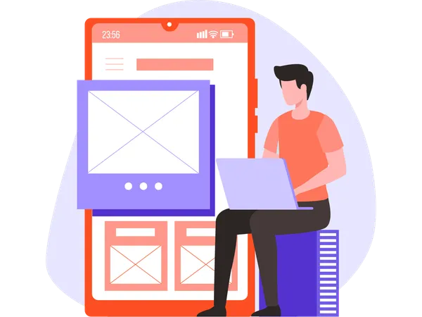 Desenvolvedor masculino trabalhando em App Wireframe  Ilustração