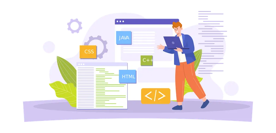 Desenvolvedor masculino trabalhando na codificação de sites  Ilustração