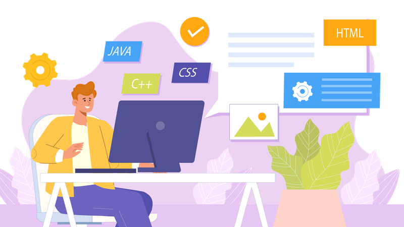 Desenvolvedor trabalhando em diferentes linguagens de programação  Ilustração