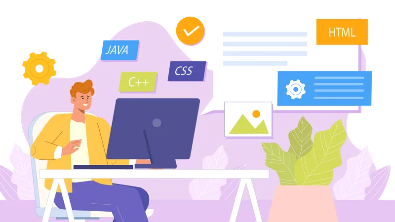 Desenvolvedor trabalhando em diferentes linguagens de programação  Ilustração