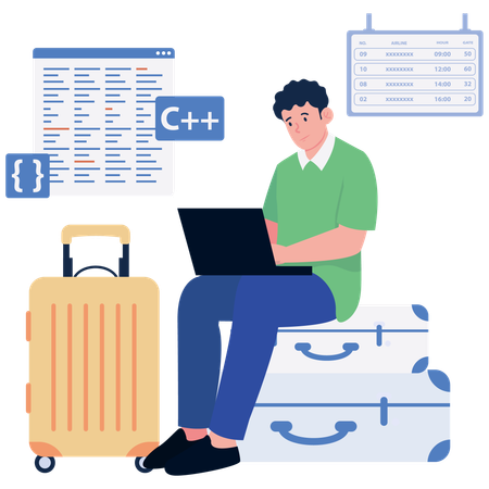Desenvolvedor trabalhando no aeroporto  Ilustração
