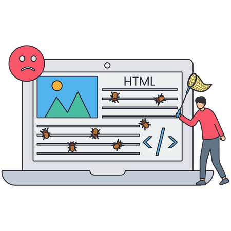 Desenvolvedor verificando se há bug no software  Ilustração