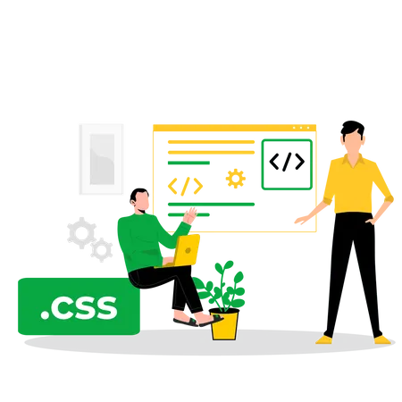 Equipe de desenvolvedores Web trabalha junta na linguagem CSS  Ilustração