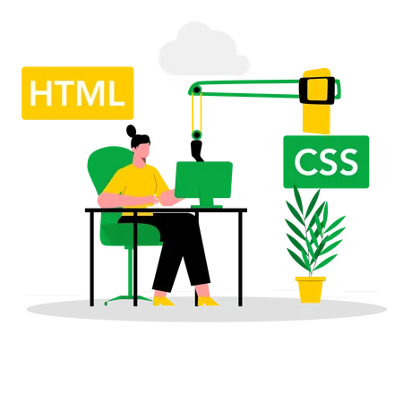 Desenvolvedora feminina trabalhando com linguagem CSS e HTML  Ilustração