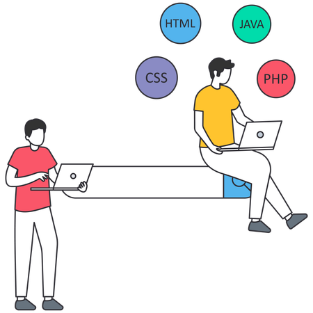 Desenvolvedores web codificando em laptops com linguagens de programação HTML CSS JAVA PHP  Ilustração