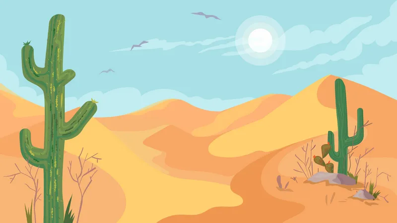 Mexico Hot Desert View Banner In Flat Cartoon Design Scenery With Cacti Plants Sand Dunes And Stones Sun Shines In Sky Wilderness Panoramic Landscape Vector Illustration Of Web Background Illustration