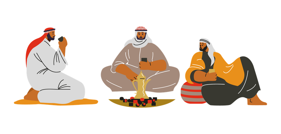 Desert nomadic Bedouins group sitting near fire  Illustration