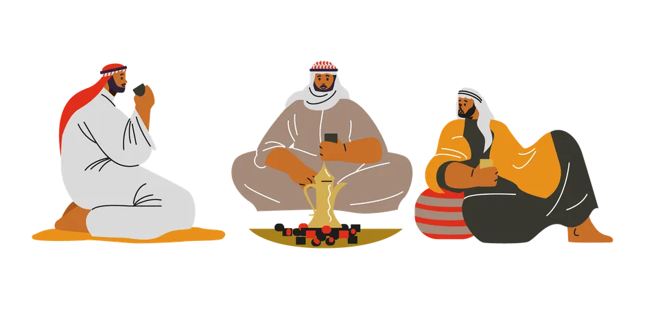 Desert nomadic Bedouins group sitting near fire  Illustration