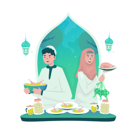 Desfrutando da comida do Eid  Ilustração