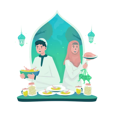 Casal Muculmano Preparando Comida Do Eid Para Celebrar O Eid Islamico Ilustração