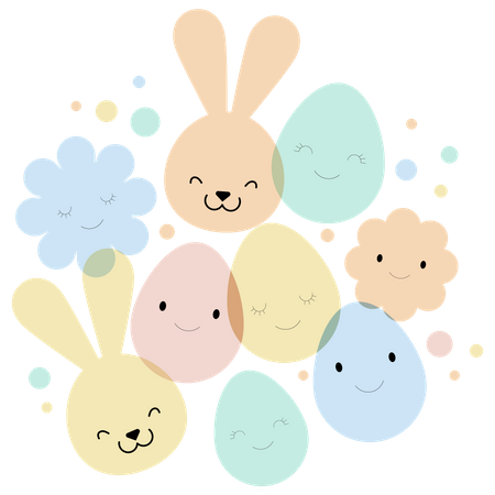 Cartão de Páscoa, banner e design de fundo com ovos, coelhinhos e flores  Ilustração