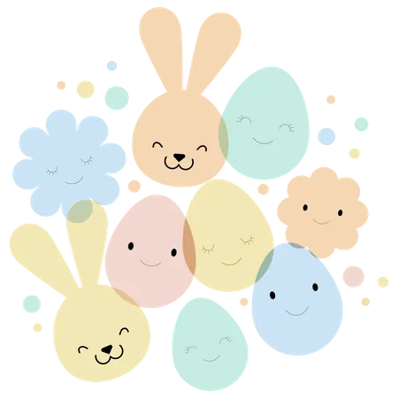 Cartão de Páscoa, banner e design de fundo com ovos, coelhinhos e flores  Ilustração