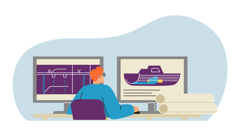 Design engineer creates technical draft of vessel on computer  Illustration