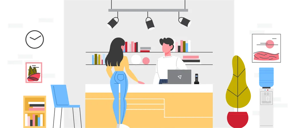 Design Studio Reception Concept Woker Standing At The Counter And Helping A Customer Creative Area Design Projects Isolated Flat Illustration Illustration