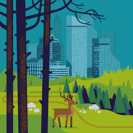 Design temático de meio ambiente e ecologia com um cervo parado no meio do vale do parque de reserva natural com uma grande cidade ao fundo  Ilustração