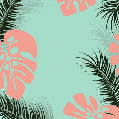 Design tropical avec feuilles de palmier monstera et plantes sur fond vert  Illustration