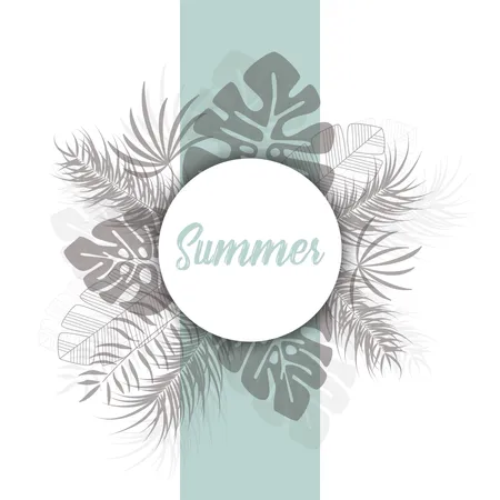 Design tropical avec feuilles de palmier sombres et plantes sur fond blanc avec texte Summer  Illustration